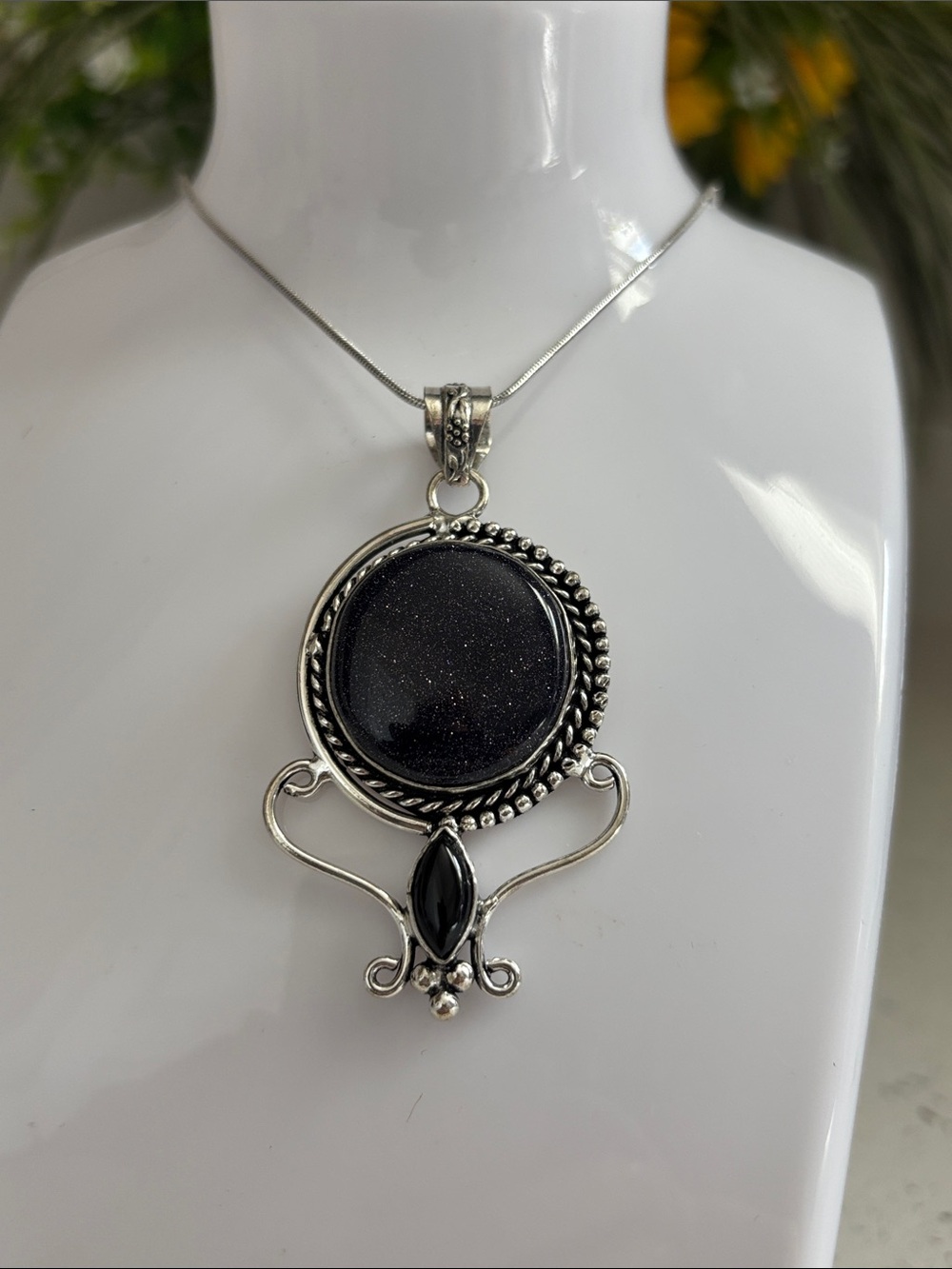 Blue Sunstone & Black Onyx Ethnic Artisan Handcrafted Gemstone Pendant Necklace